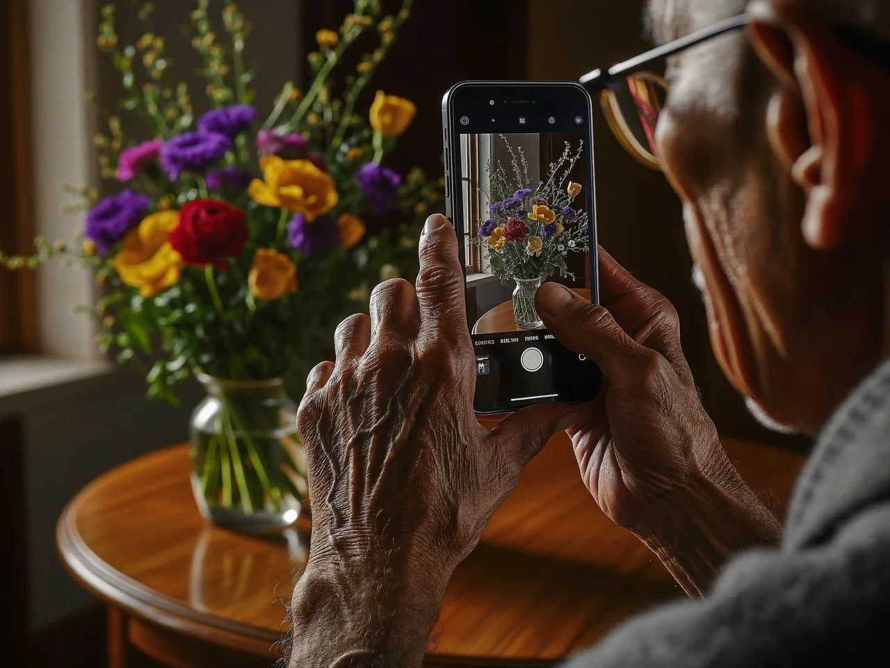 Illustration: Hände eines älteren Mannes fotografieren mit dem Smartphone einen Blumenstrauß