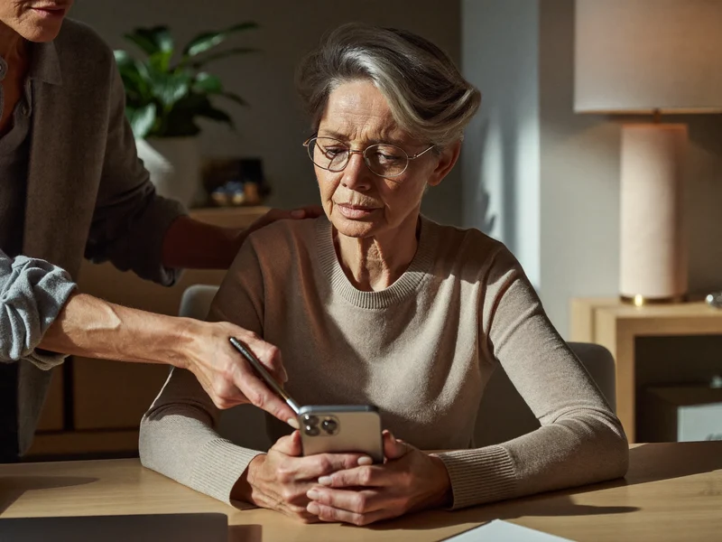 Illustration: Eine Seniorin prüft mit Hilfe einer Begleitperson eine verdächtige Nachricht am Smartphone
