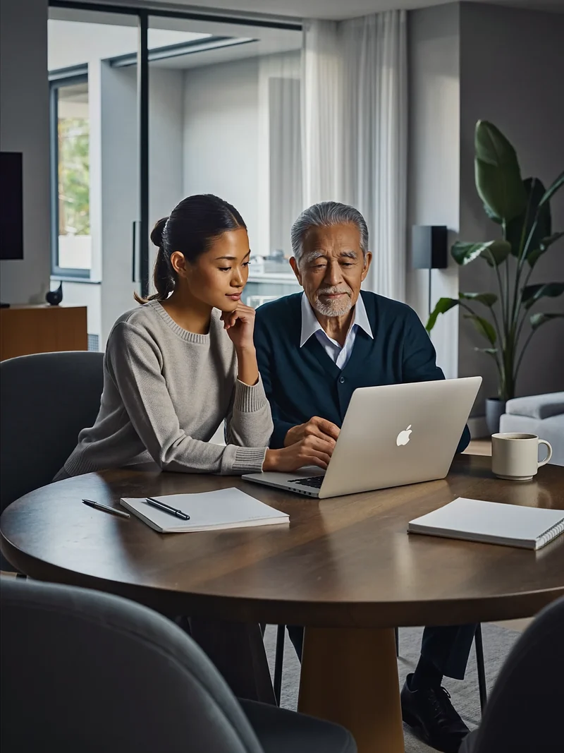 Illustration: Ein Tutor und ein älterer Mann arbeiten gemeinsam am Laptop am Wohnzimmertisch